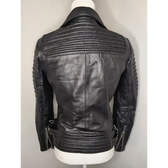 Genuine soft sheepskin leather black ribbed buckle moto jacket - Picture 5 of 10